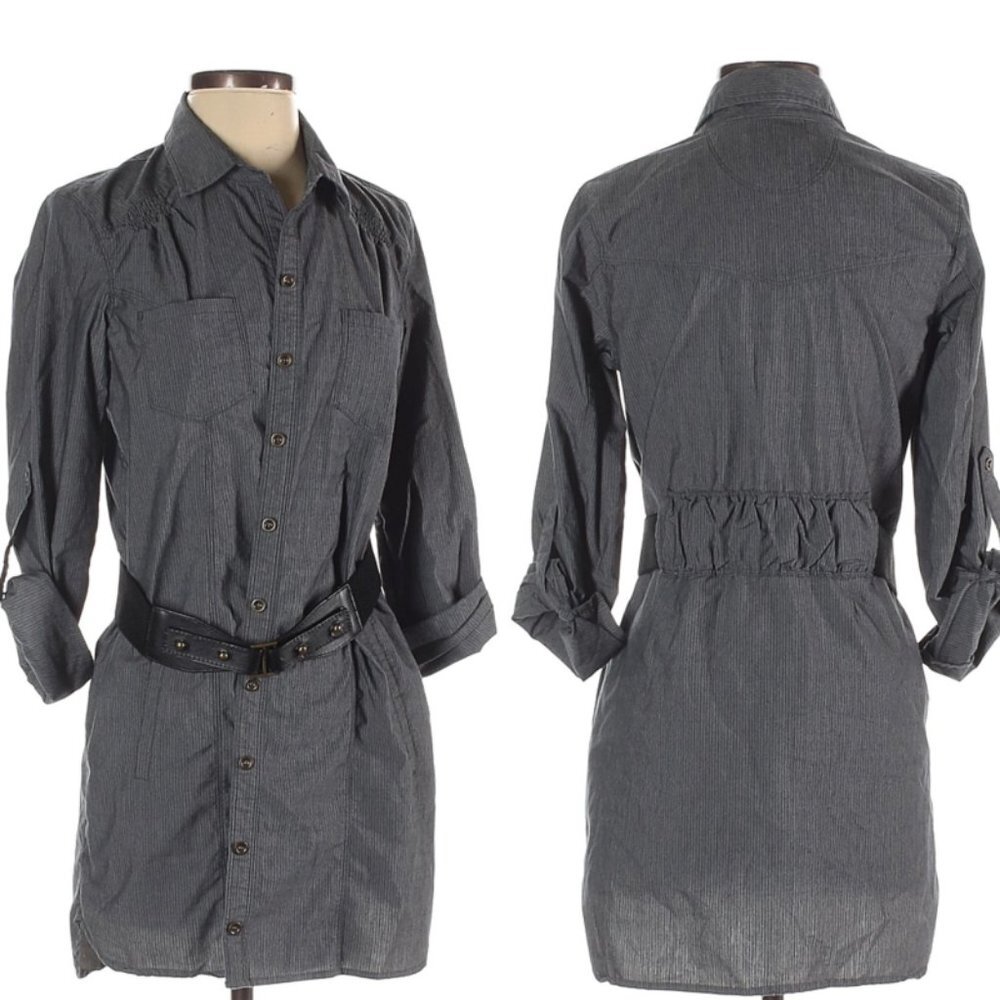 Anthropologie Heartloom Grey Striped Tunic Collared Shirt Belted Size Small Boho